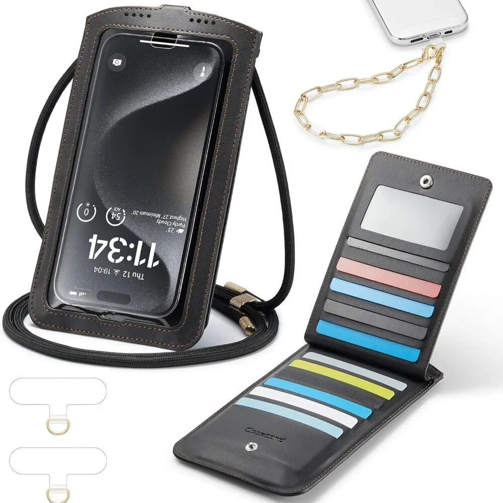 Cell Phone Purse Leather Mini Crossbody Wallet for All Smartphones, Black